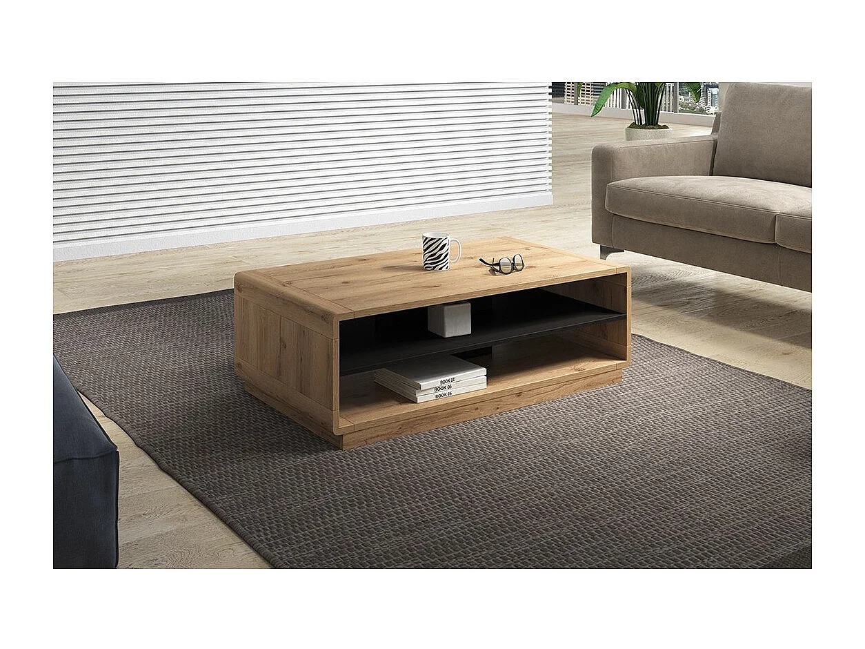 Table basse VILLA – Rectangulaire 120x60 cm – Chêne et noir – Avec niches de rangement
