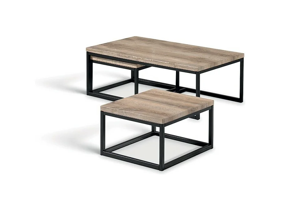 Mesa auxiliar estilo industrial HELLINGTON efecto roble viejo - Mesa de centro - Conjunto de 3 piezas