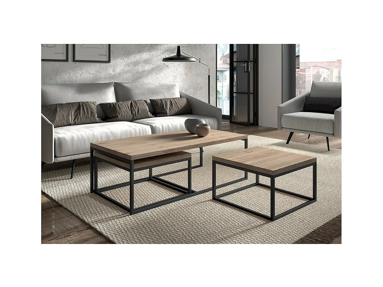 Mesa auxiliar estilo industrial HELLINGTON efecto roble viejo - Mesa de centro - Conjunto de 3 piezas