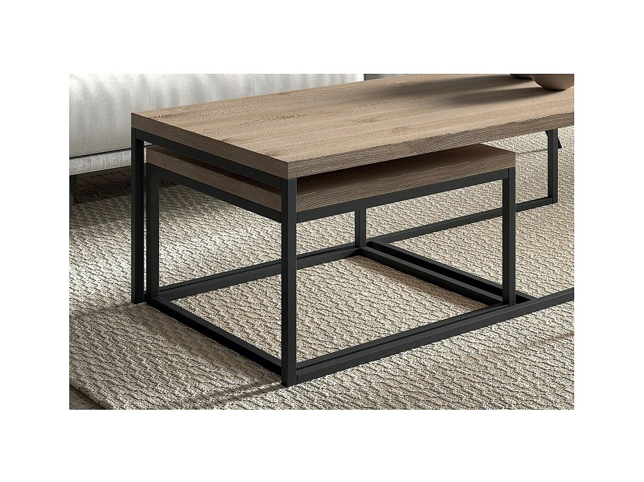 Mesa auxiliar estilo industrial HELLINGTON efecto roble viejo - Mesa de centro - Conjunto de 3 piezas