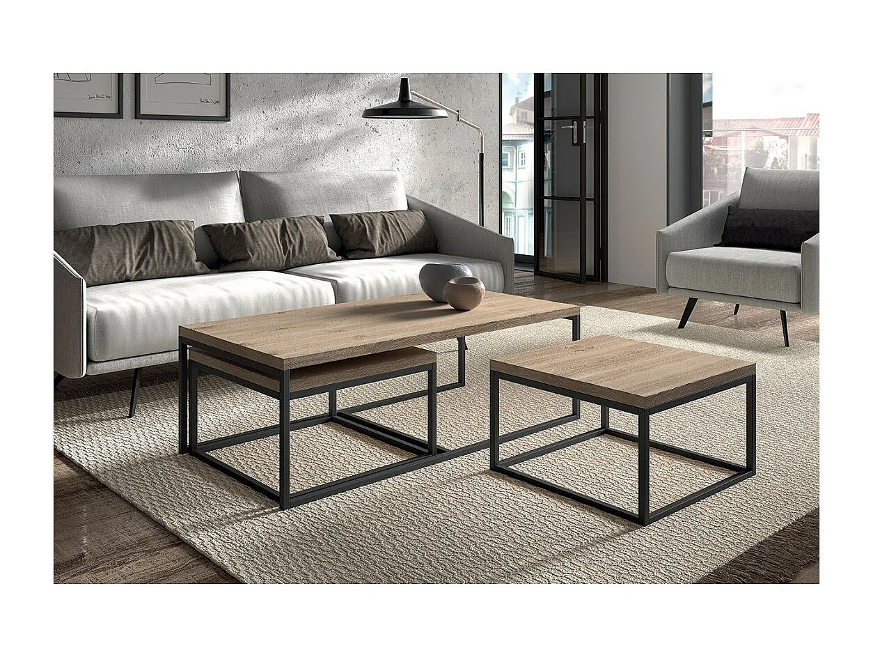 Table d'appoint style industriel HELLINGTON effet vieux chêne - Table basse - Ensemble 3 pièces