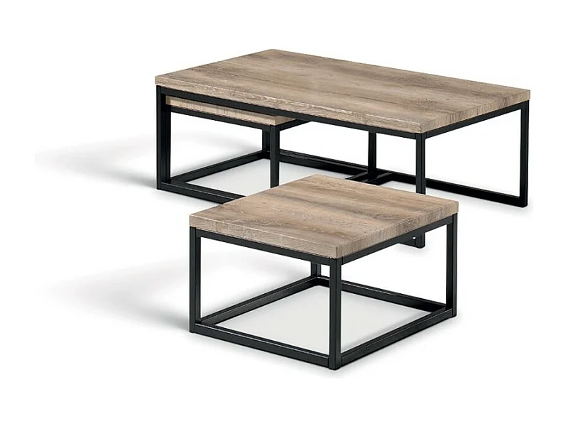 Mesa auxiliar estilo industrial HELLINGTON efecto roble viejo - Mesa de centro - Conjunto de 3 piezas