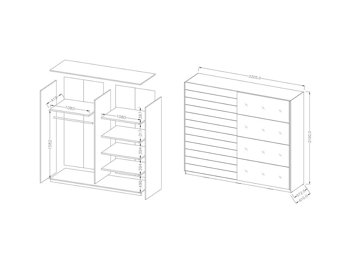 Schrank mit 2 Schiebetüren, 220 cm, in dunkler Eiche und Schwarz. Kollektion FLOYD.