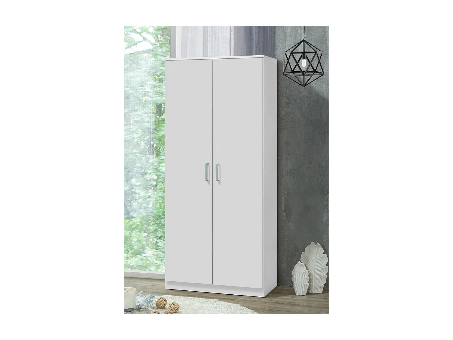 Armoire PONIS 2 portes – Blanc et gris – Penderie + étagères – Style contemporain