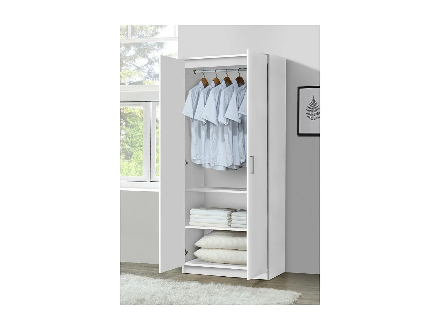 Armoire PONIS 2 portes – Blanc et gris – Penderie + étagères – Style contemporain