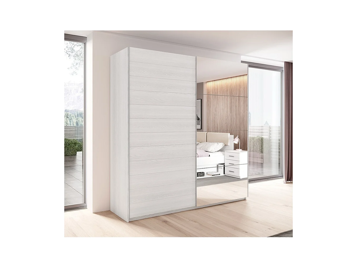 Armoire 2 portes coulissantes 200cm Coloris blanc avec miroir. Collection FLOYD