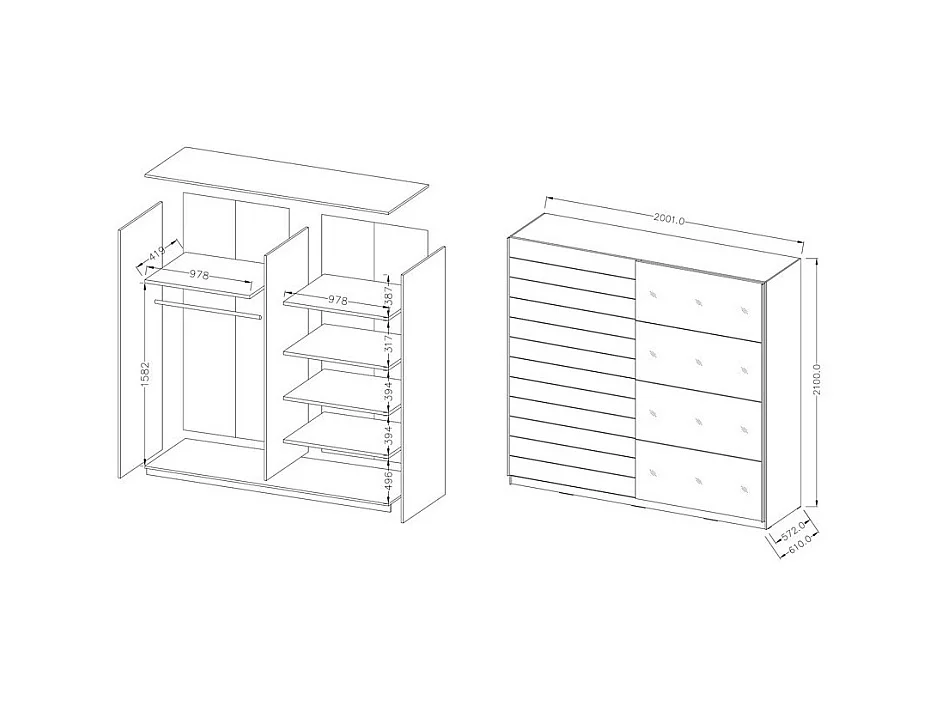 Armoire 2 portes coulissantes 200cm Coloris blanc avec miroir. Collection FLOYD