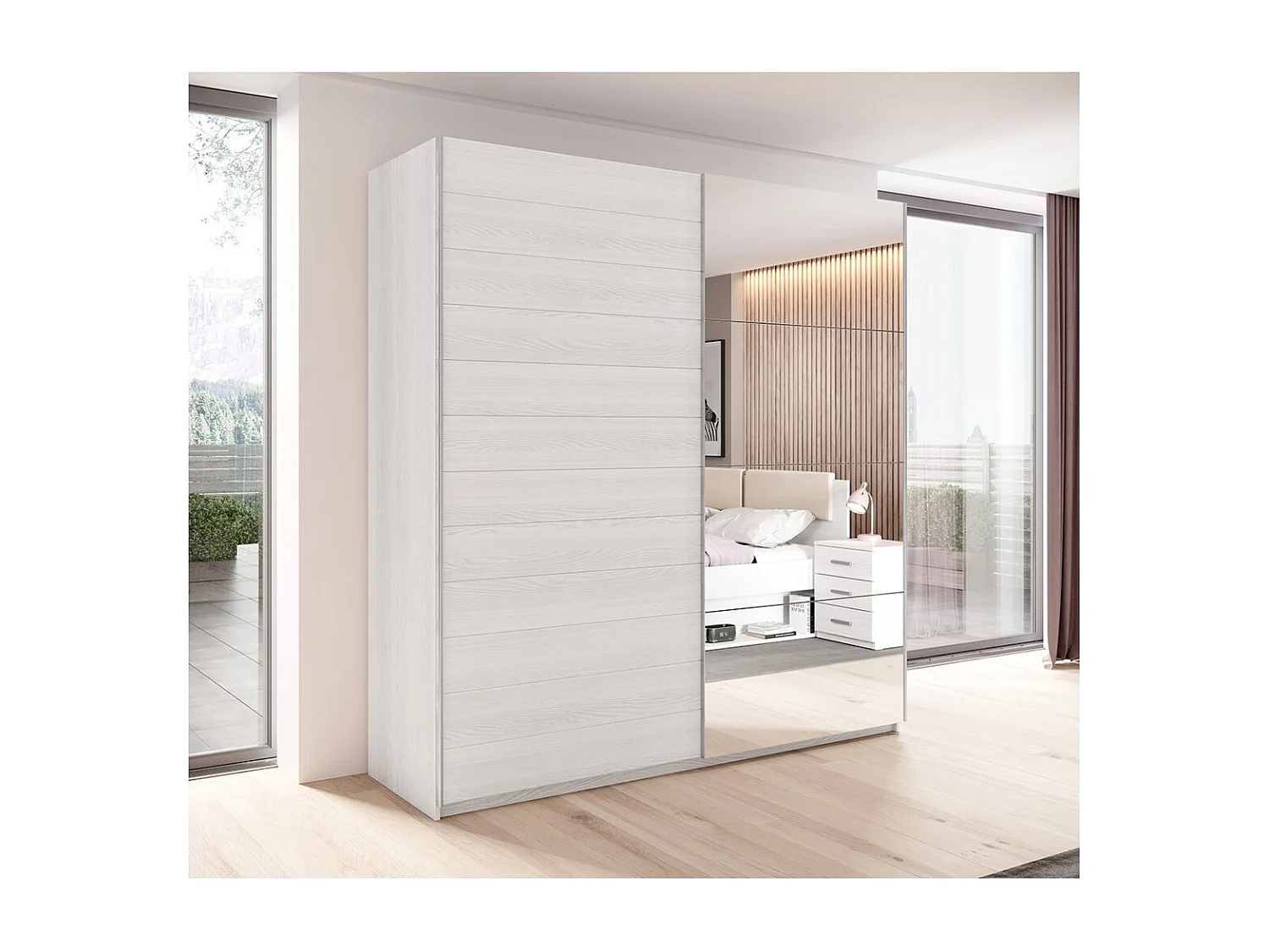 Kledingkast met 2 schuifdeuren 200cm Kleur wit met spiegel. Collectie FLOYD