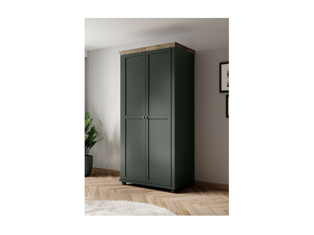 Armoire 110x220 avec 2 portes. Coloris vert et chêne. Collection ASSIA