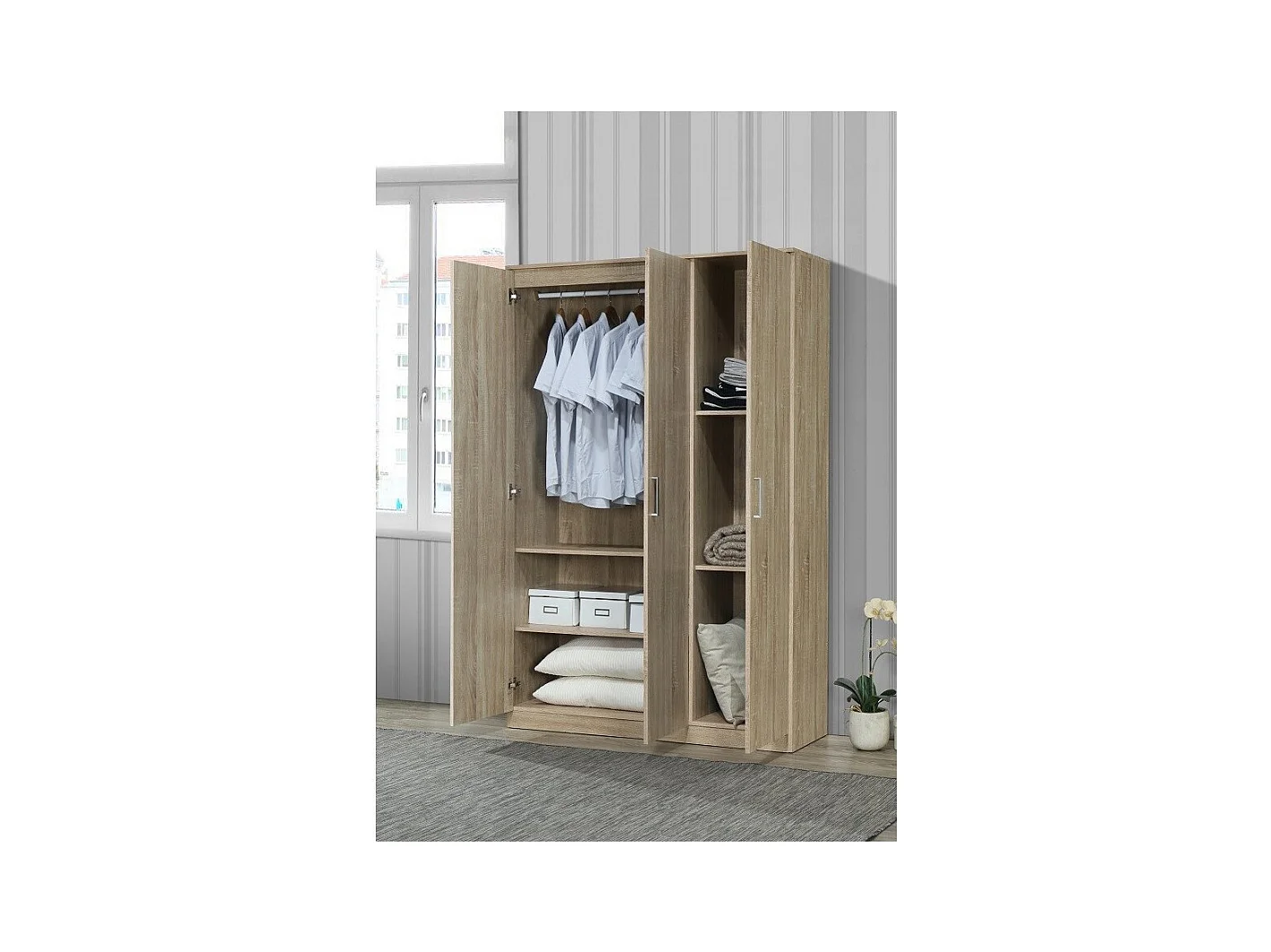 Kleiderschrank BARTIN mit 3 Türen, Sonoma Eiche, graue Griffe, zeitgenössisches Design