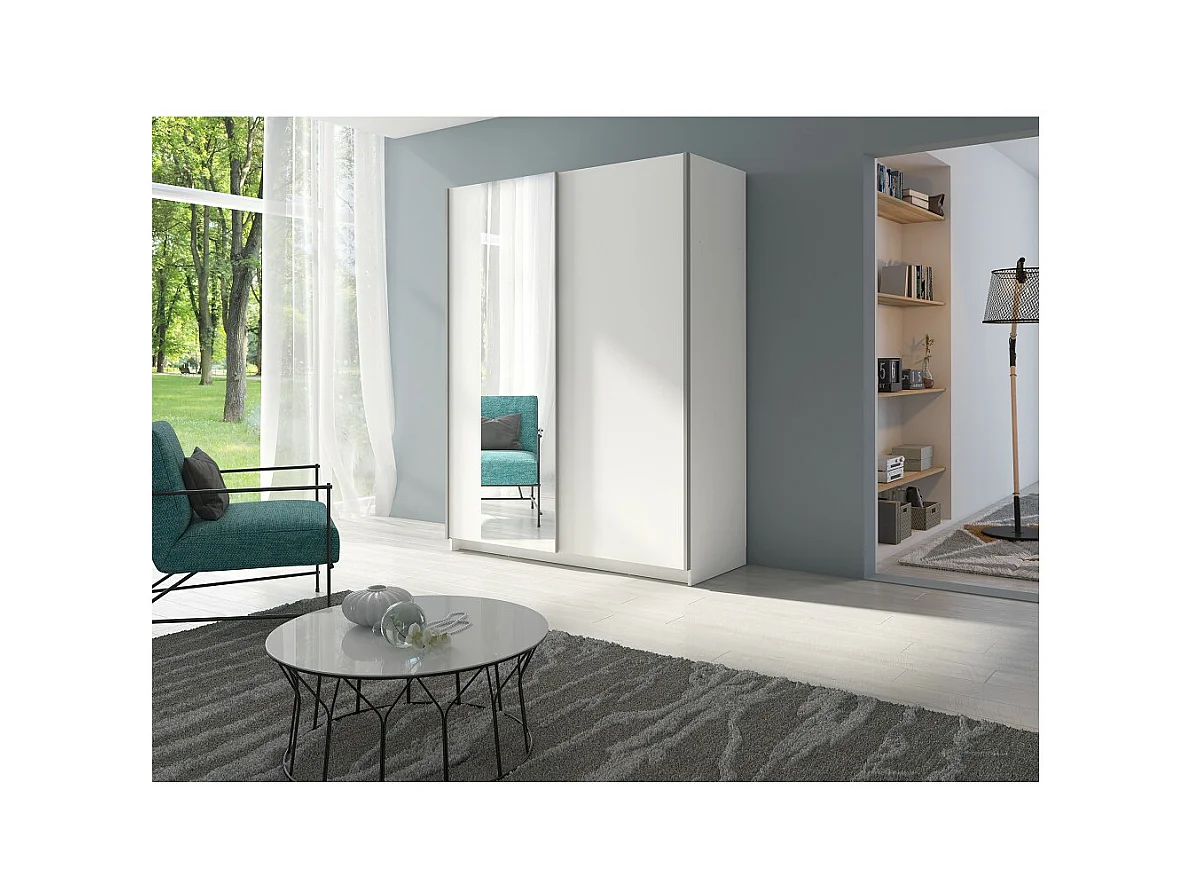 Kledingkast GOZU met 2 schuifdeuren en spiegel - Wit - 180 x 198 x 62 cm