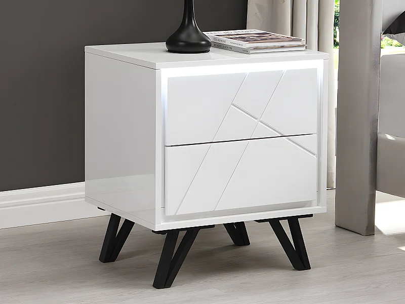 Mesa de cabeceira 2 gavetas com LEDs, MDF lacado a branco - SALIANO