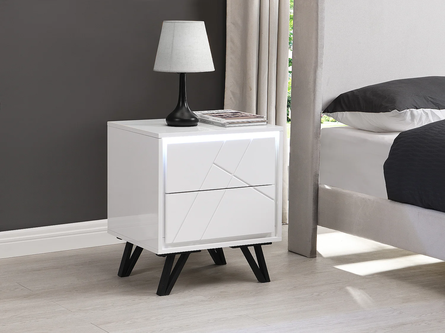 Mesa de cabeceira 2 gavetas com LEDs, MDF lacado a branco - SALIANO