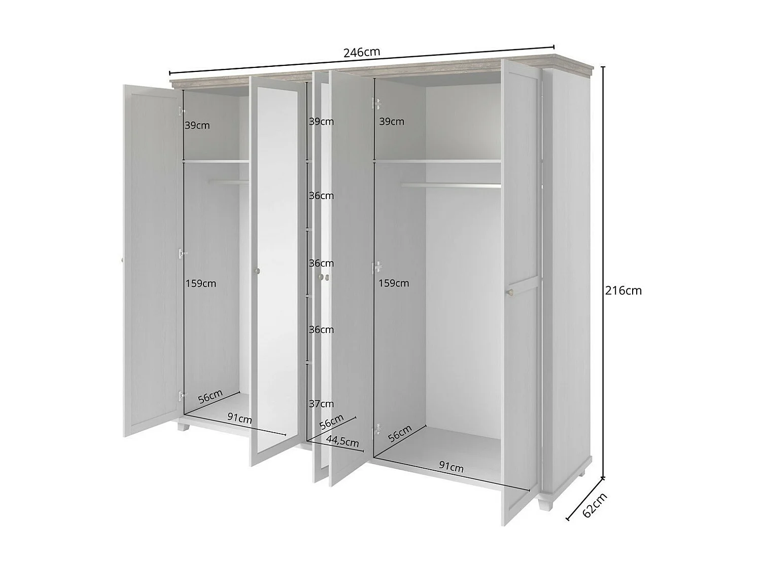 Armoire 250x220 avec 5 portes. Coloris blanc et chêne. Collection ASSIA