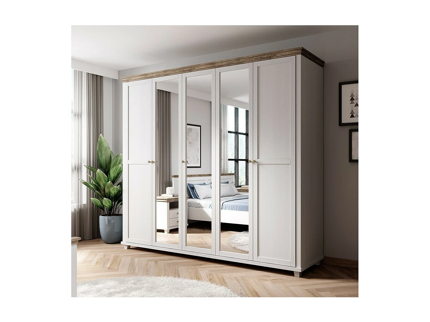 Armoire 250x220 avec 5 portes. Coloris blanc et chêne. Collection ASSIA