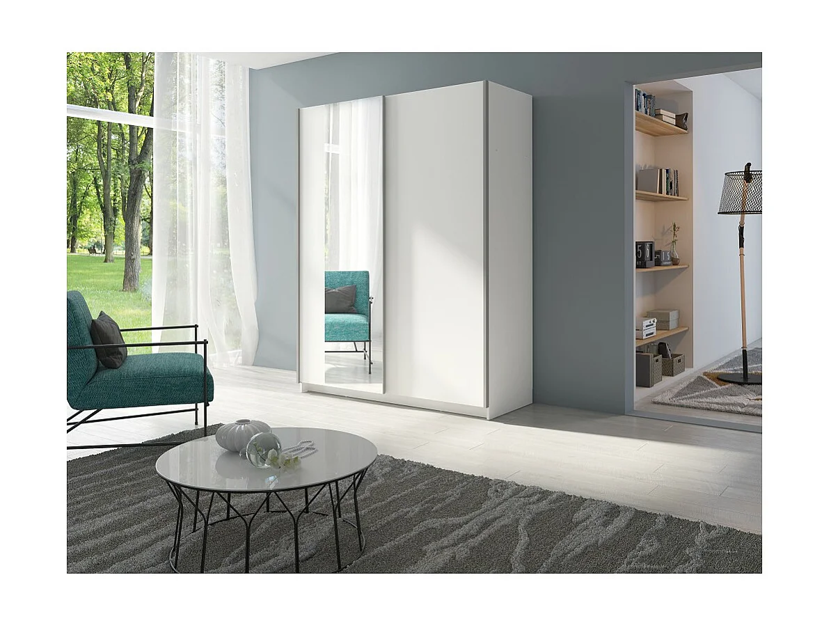Armoire GOZU 2 portes coulissantes avec miroir - Coloris Blanc - 150 x 198 x 62 cm