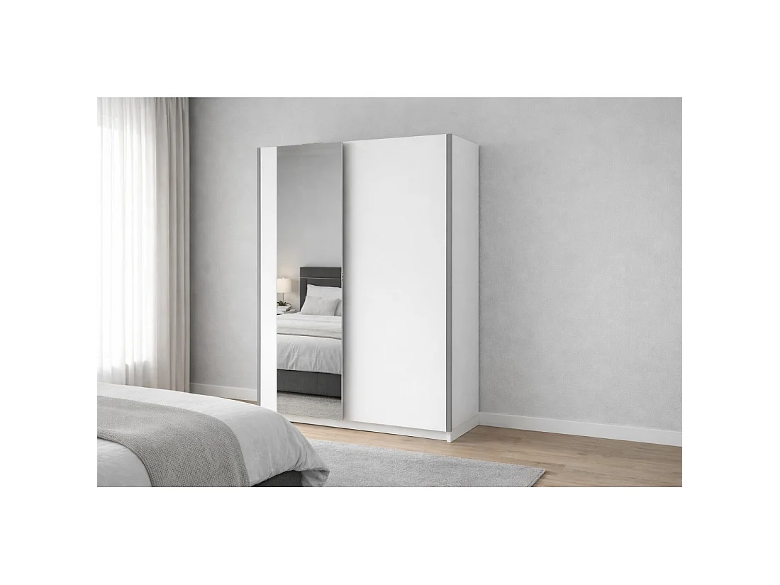 Armadio GOZU a 2 porte scorrevoli con specchio - Colore Bianco - 150 x 198 x 62 cm