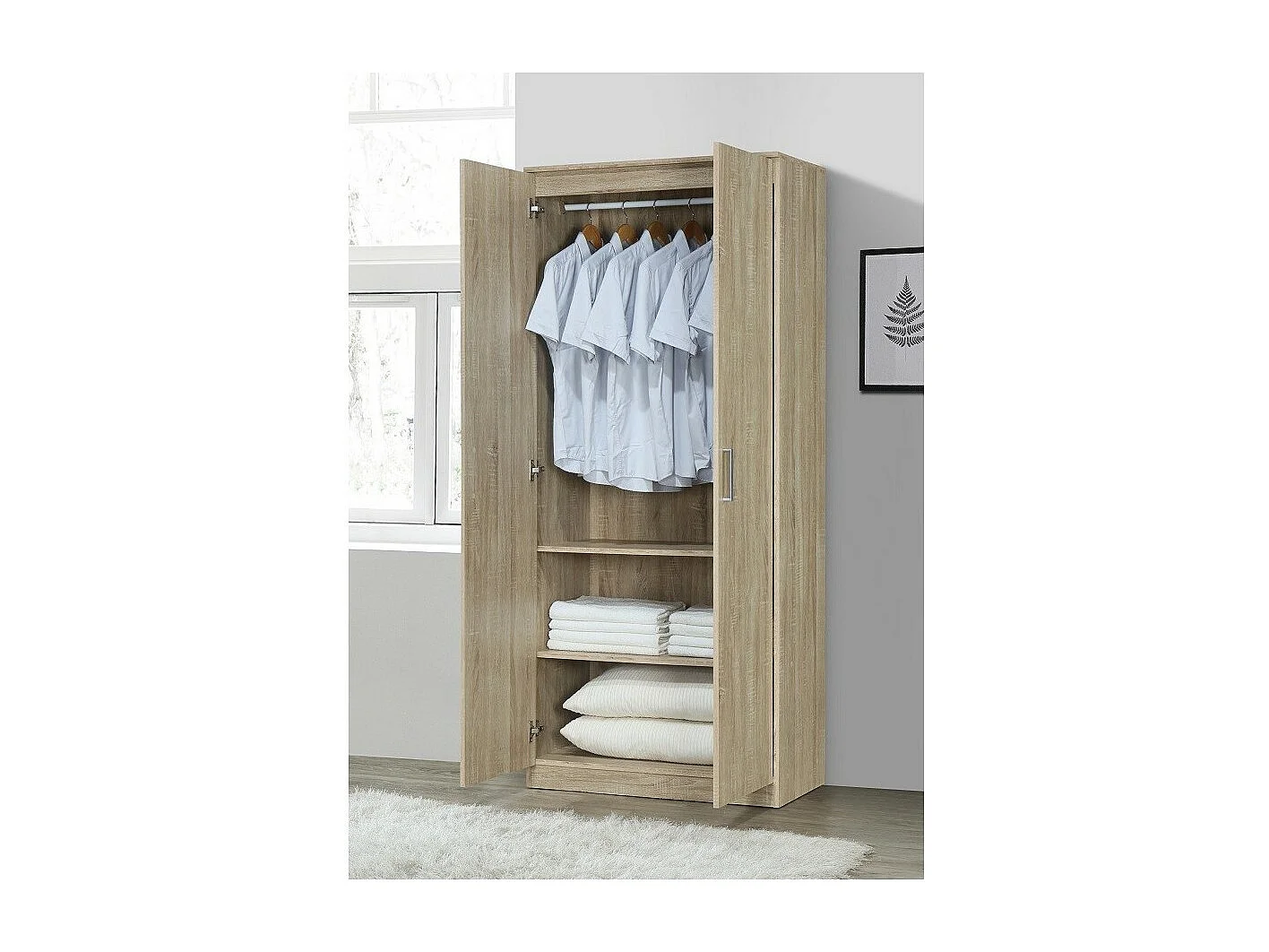 Armoire DALAMAN 2 portes – Chêne clair – Penderie + étagères – Style scandinave