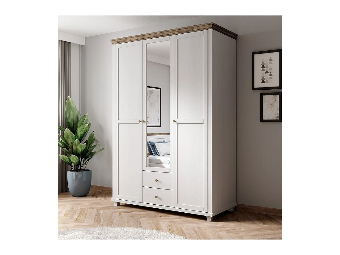 Armario 150x220 con 3 puertas y 2 cajones. Colores blanco y roble. Colección ASSIA