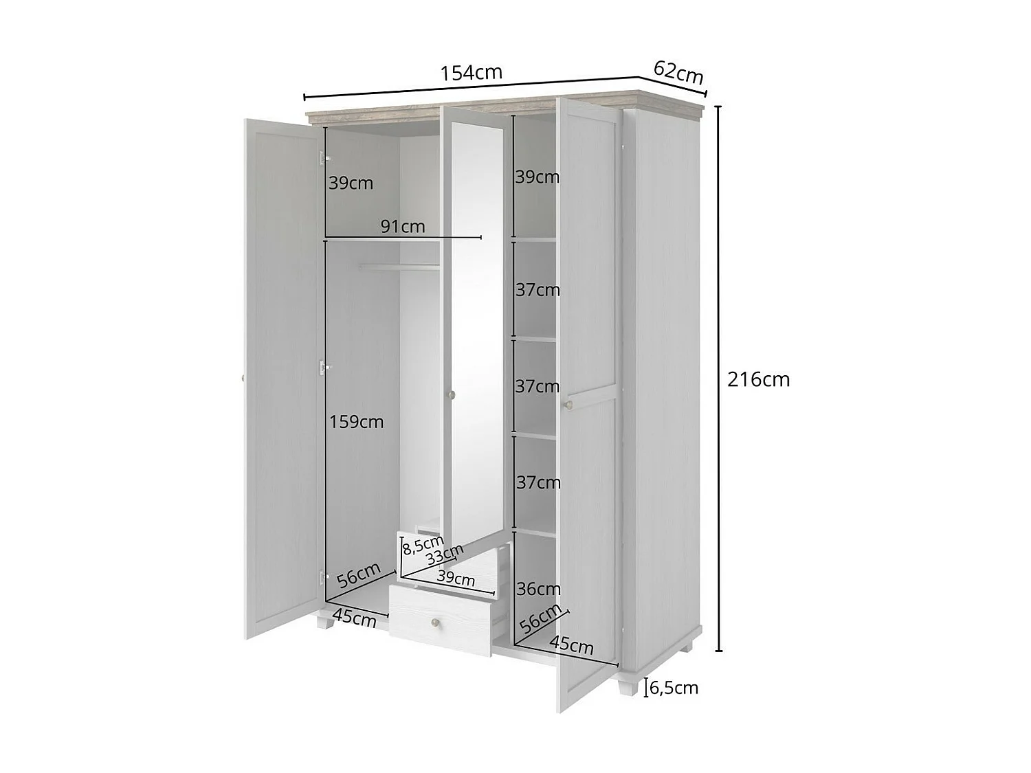 Armoire 150x220 avec 3 portes et 2 tiroirs. Coloris blanc et chêne. Collection ASSIA
