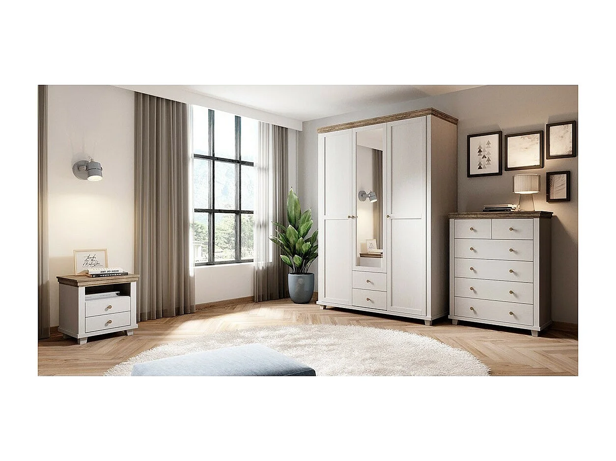 Armoire 150x220 avec 3 portes et 2 tiroirs. Coloris blanc et chêne. Collection ASSIA