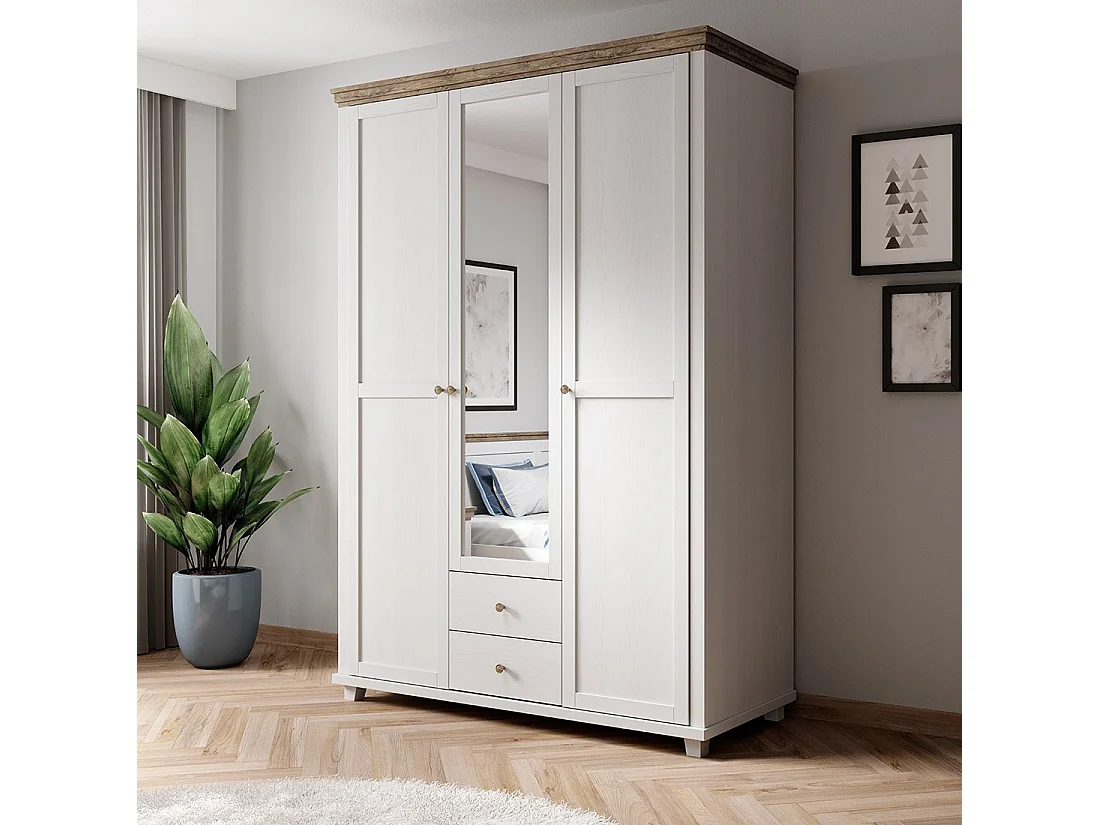 Armoire 150x220 avec 3 portes et 2 tiroirs. Coloris blanc et chêne. Collection ASSIA