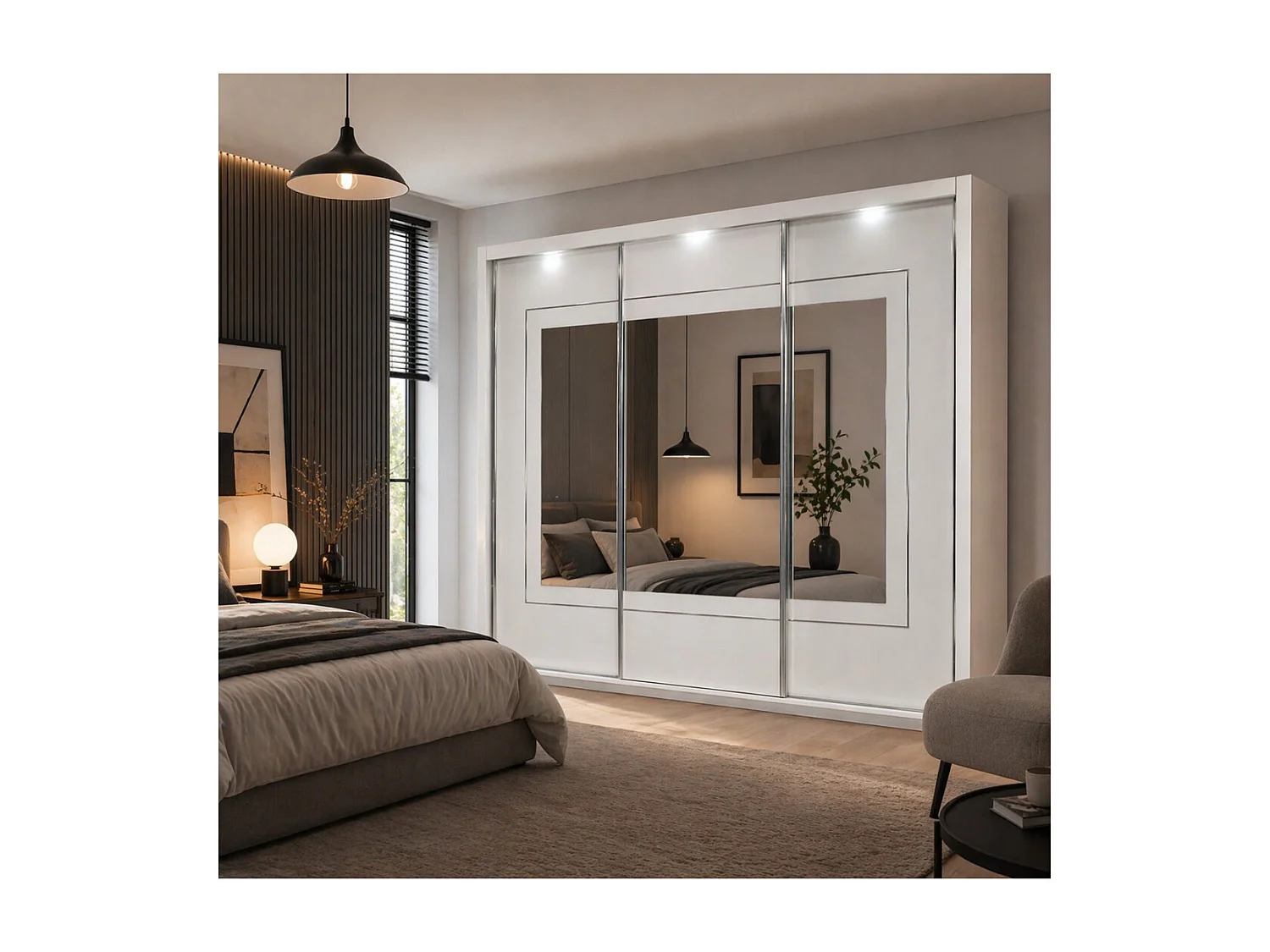 Armoire PANAREA 3 portes coulissantes avec miroirs LED 208x213x67 blanc brillant