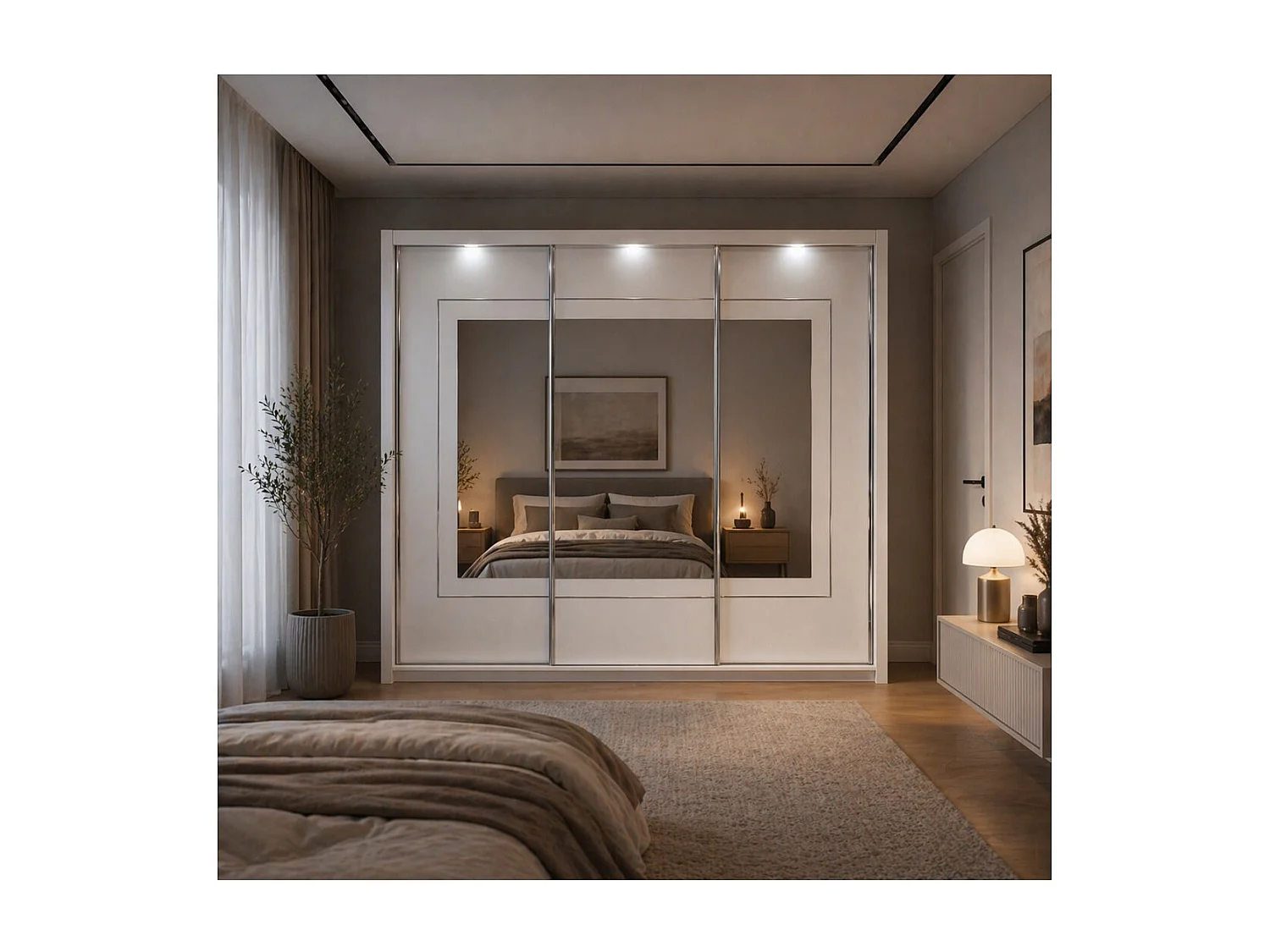 Armoire PANAREA 3 portes coulissantes avec miroirs LED 208x213x67 blanc brillant