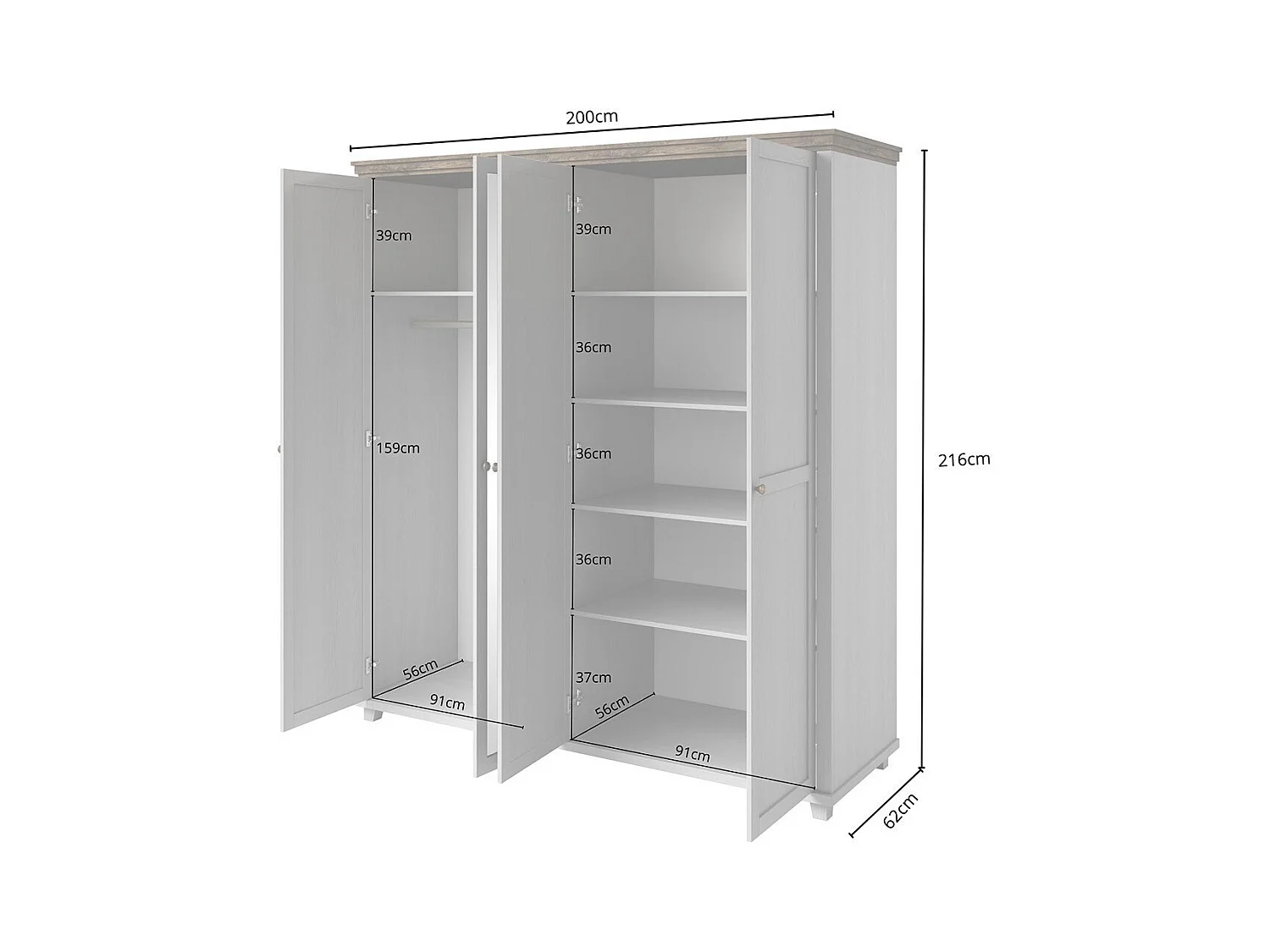 Armario 200x220 con 4 puertas. Color blanco y roble. Colección ASSIA.