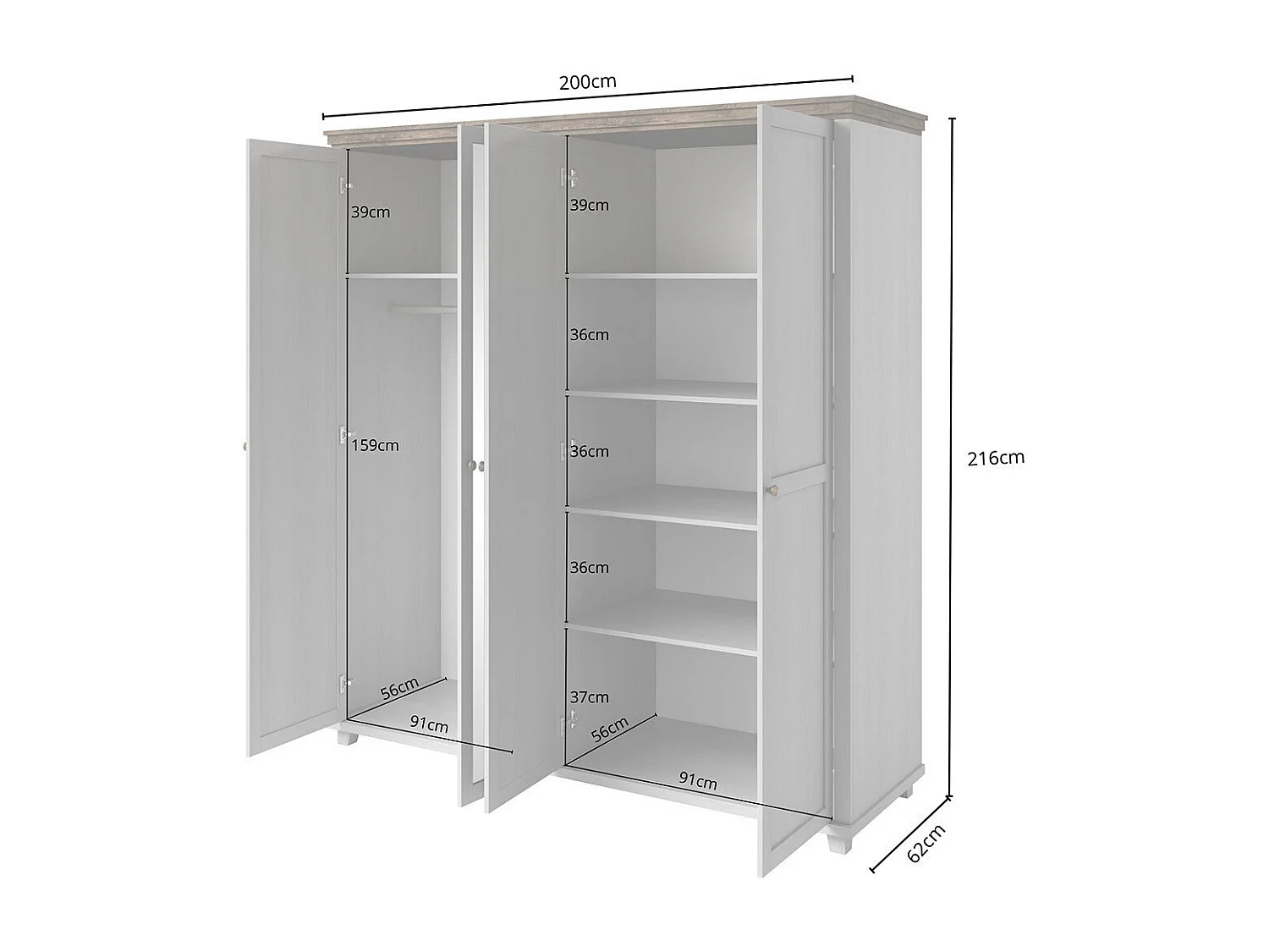 Kast 200x220 met 4 deuren. Kleuren wit en eiken. Collectie ASSIA