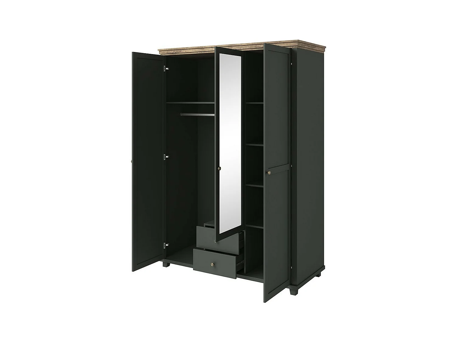 Kast 150x220 met 3 deuren en 2 laden. Kleur kakigroen en eiken. Collectie ASSIA