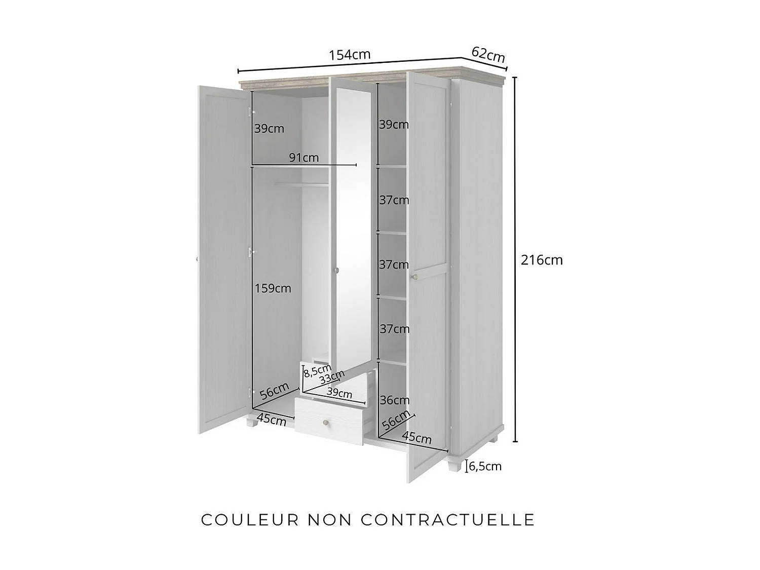 Armoire 150x220 avec 3 portes et 2 tiroirs. Coloris vert kaki et chêne. Collection ASSIA