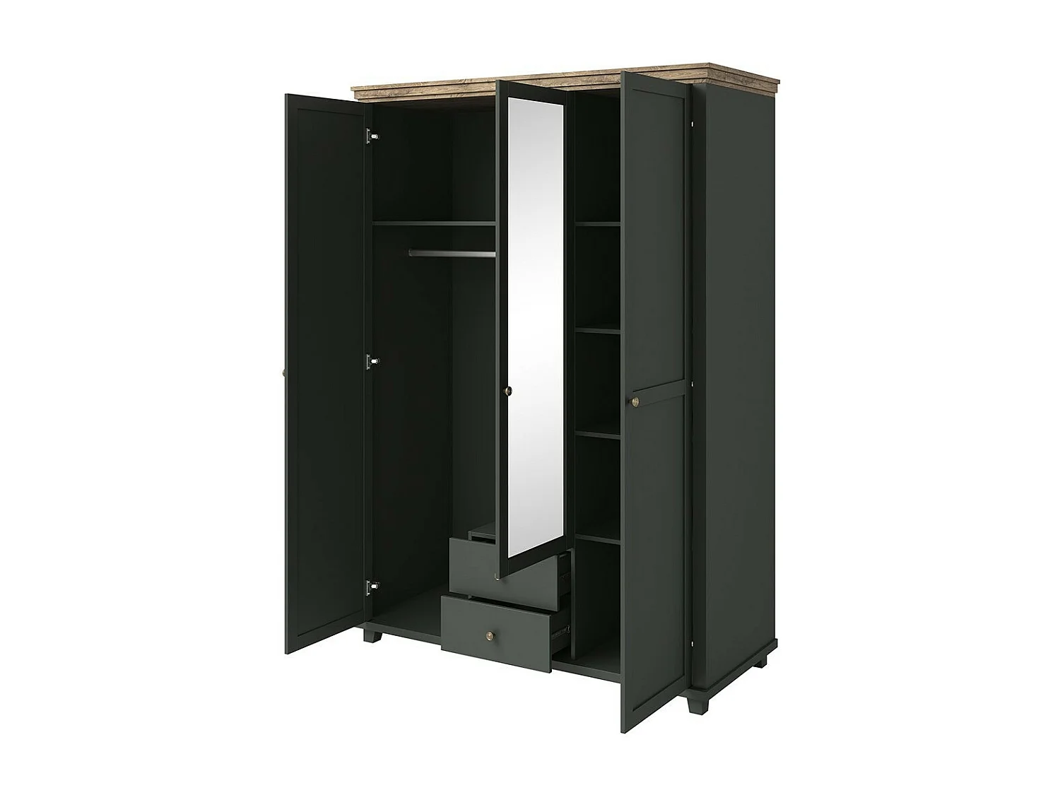 Armoire 150x220 avec 3 portes et 2 tiroirs. Coloris vert kaki et chêne. Collection ASSIA