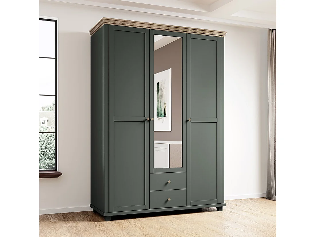 Armoire 150x220 avec 3 portes et 2 tiroirs. Coloris vert kaki et chêne. Collection ASSIA