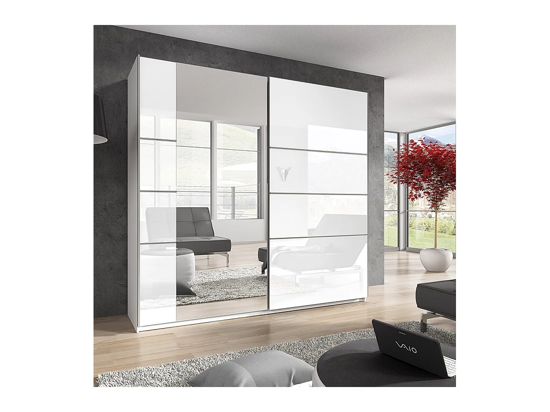 Armario de diseño con 2 puertas de 200 cm con espejo. Color blanco brillante. Colección EOS