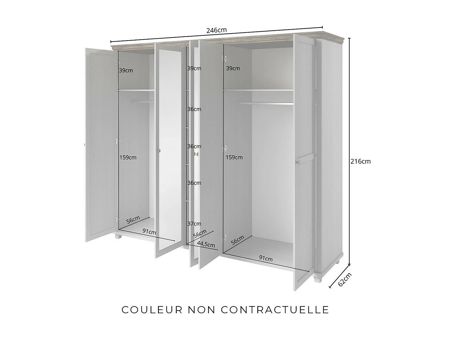 Armoire 250x220 avec 5 portes. Coloris vert kaki et chêne. Collection ASSIA