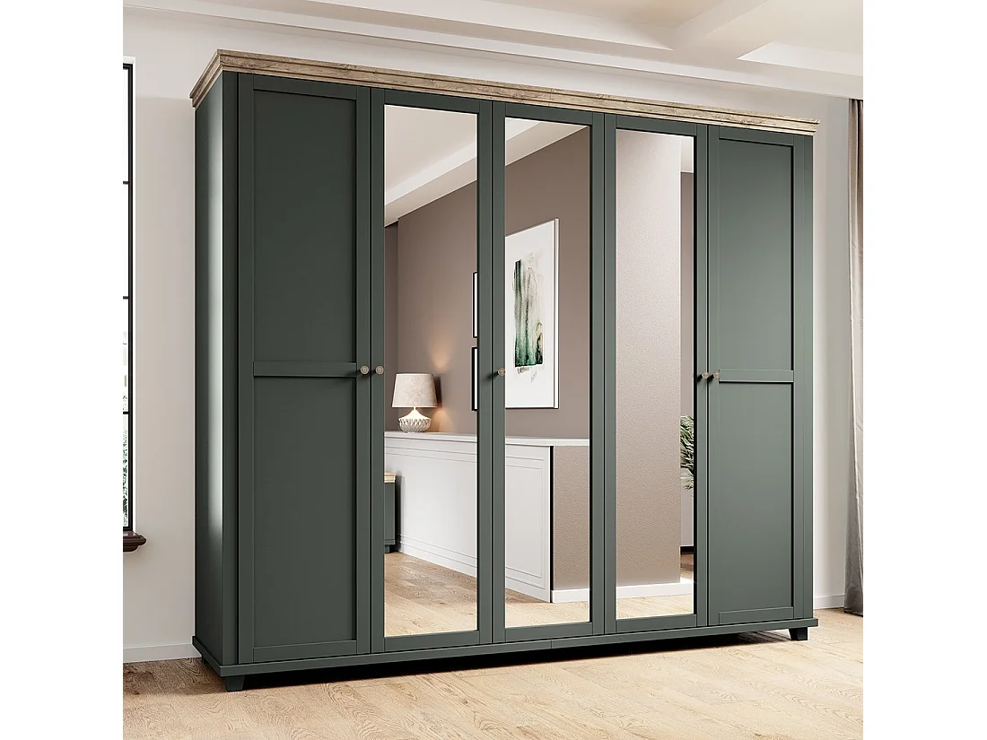 Armoire 250x220 avec 5 portes. Coloris vert kaki et chêne. Collection ASSIA