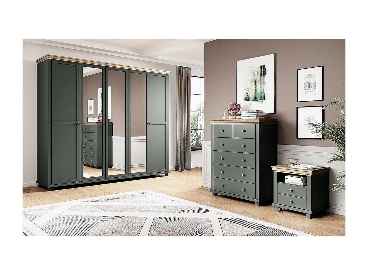 Armoire 250x220 avec 5 portes. Coloris vert kaki et chêne. Collection ASSIA