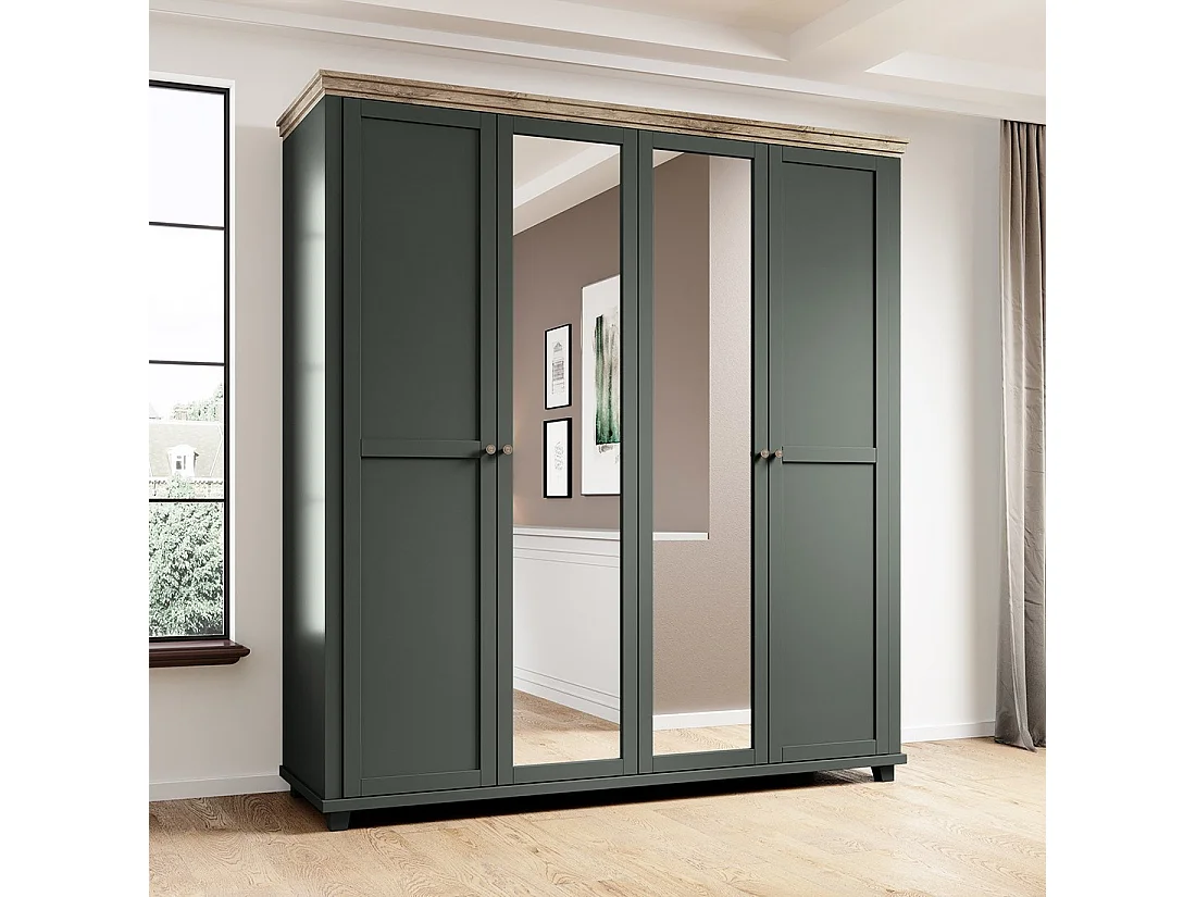 Armoire 200x220 avec 4 portes. Coloris vert kaki et chêne. Collection ASSIA