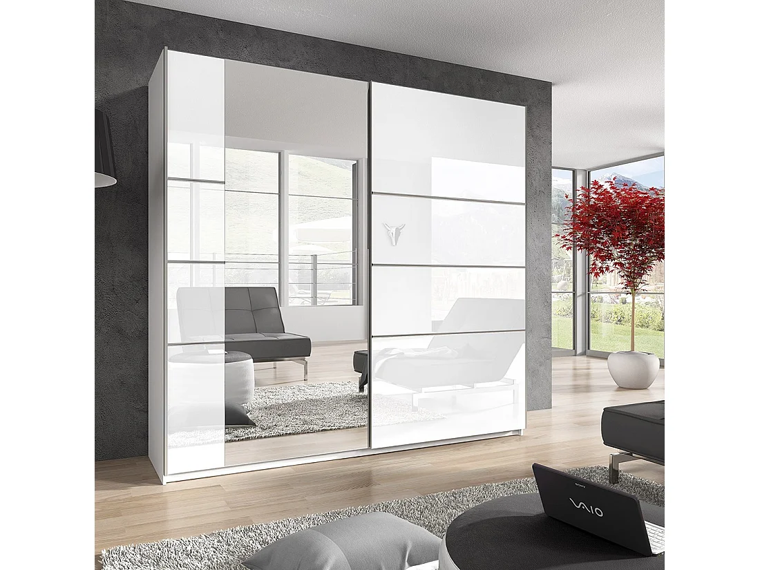 Kledingkast design 2 deuren 180 cm met spiegel. Kleur glanzend wit. Collectie EOS