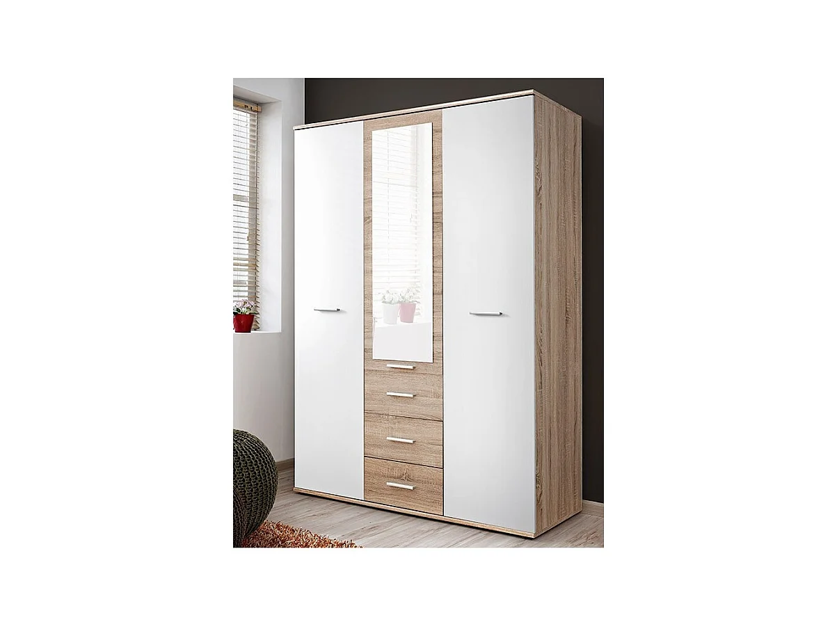 Armoire chambre d'enfant design coloris chêne et blanc avec 3 portes battantes et 3 tiroirs collection DENVER.