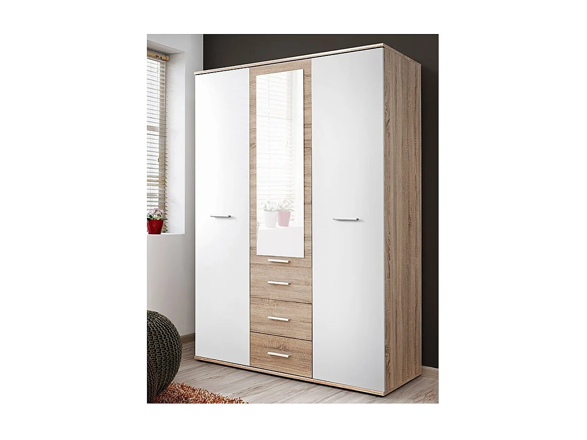 Armoire chambre d'enfant design coloris chêne et blanc avec 3 portes battantes et 3 tiroirs collection DENVER.