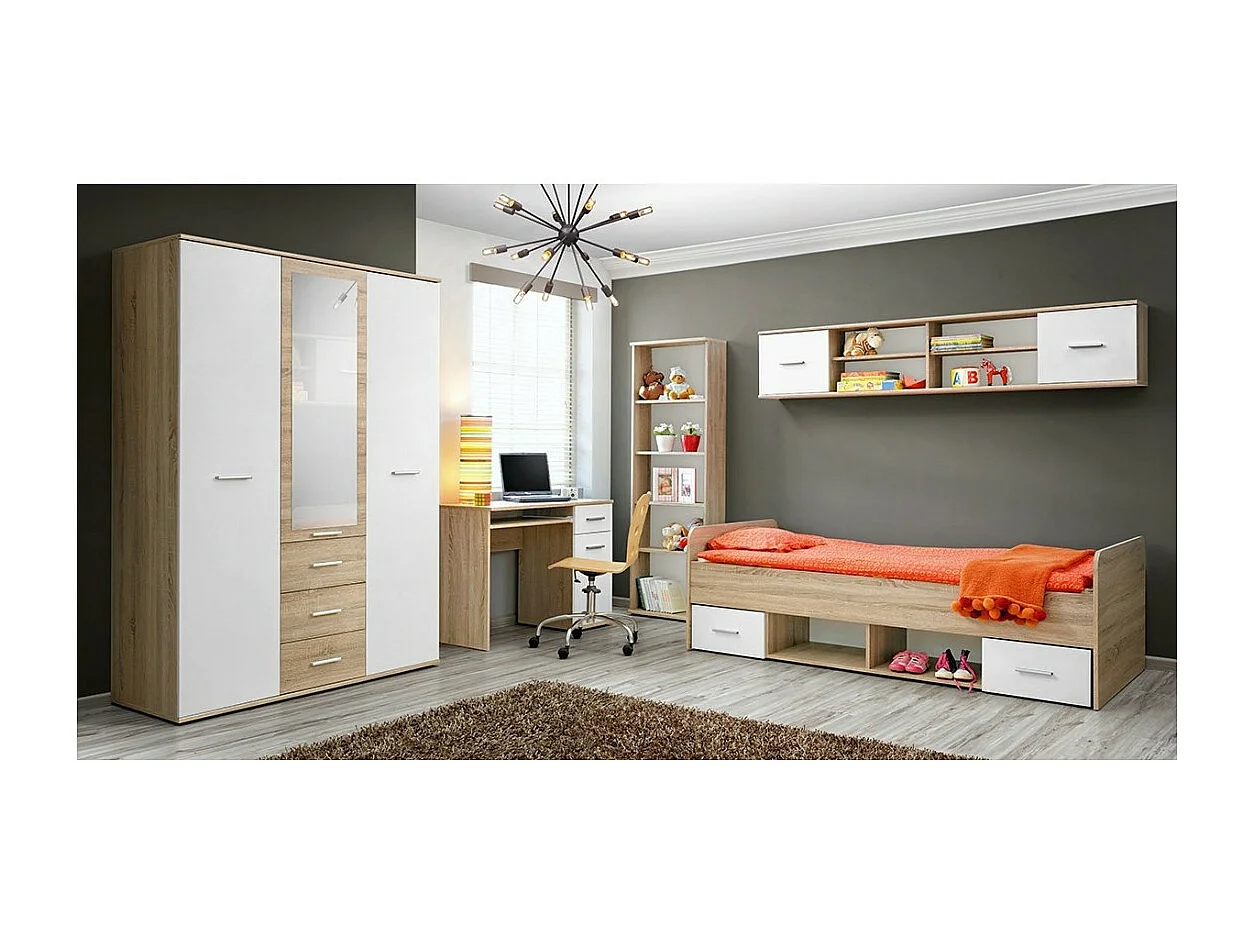 Armoire chambre d'enfant design coloris chêne et blanc avec 3 portes battantes et 3 tiroirs collection DENVER.
