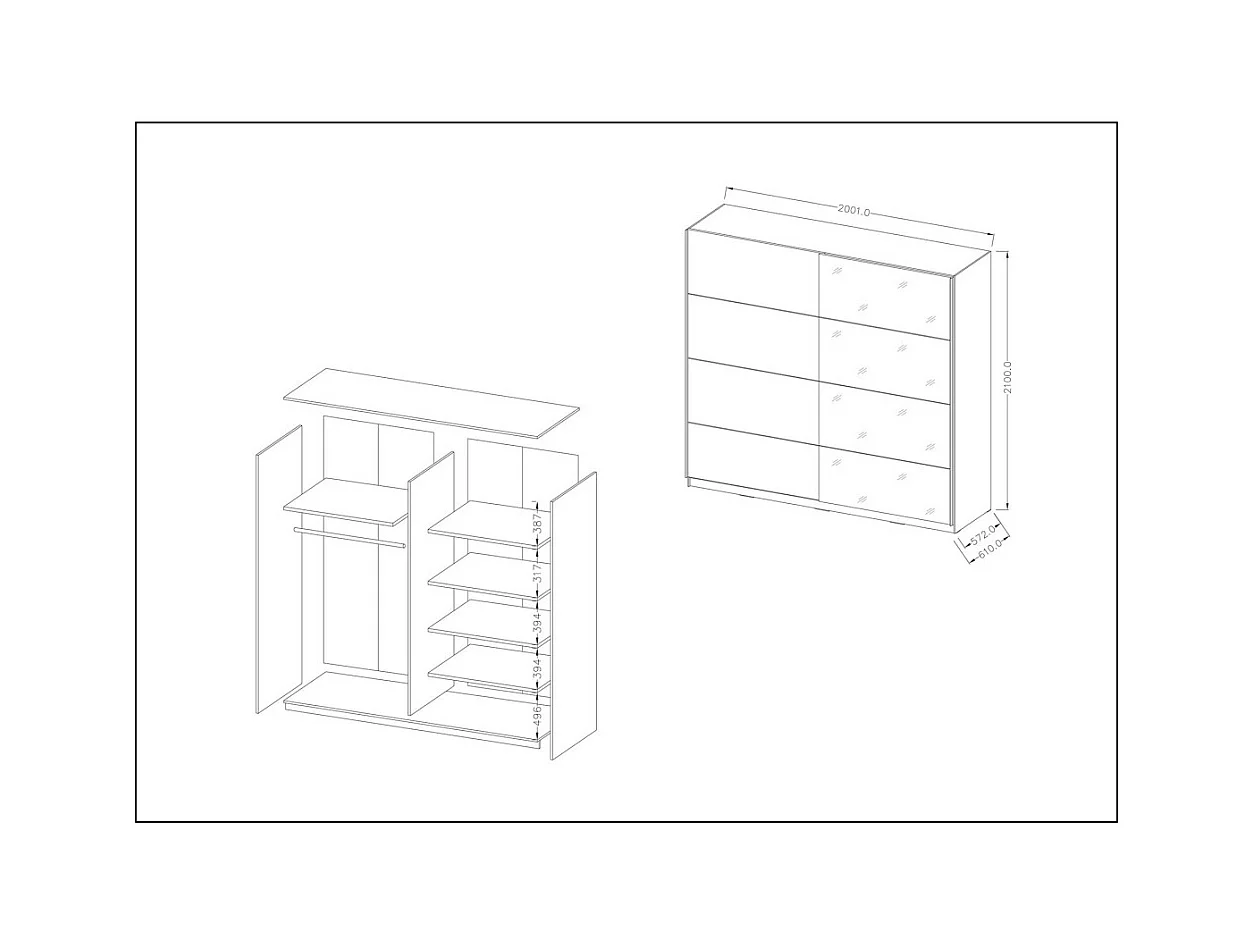 Designkast 200cm. 2 deuren met aanpasbare spiegels. Mat witte kleur. Collectie EOS.