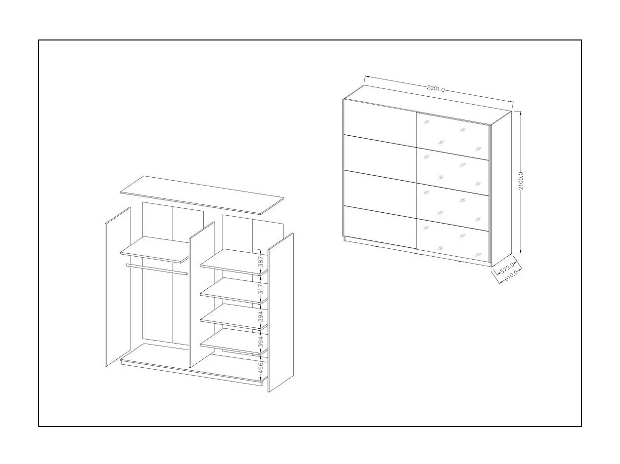 Designkast 200cm. 2 deuren met aanpasbare spiegels. Mat witte kleur. Collectie EOS.
