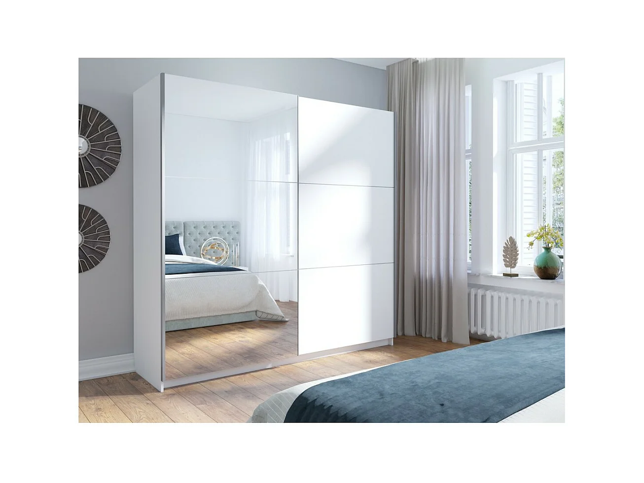 Armario, guardarropa de 200 cm con 2 puertas correderas con espejo - blanco - Colección ARSALA