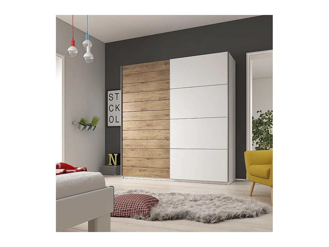 Armoire 2 portes coulissantes 220cm couleur chêne et blanc. Collection FLOYD