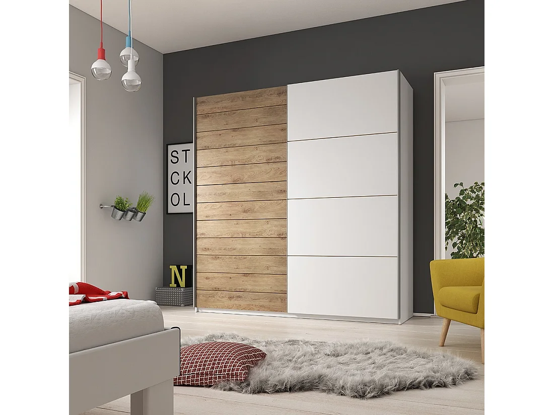 Armoire 2 portes coulissantes 220cm couleur chêne et blanc. Collection FLOYD