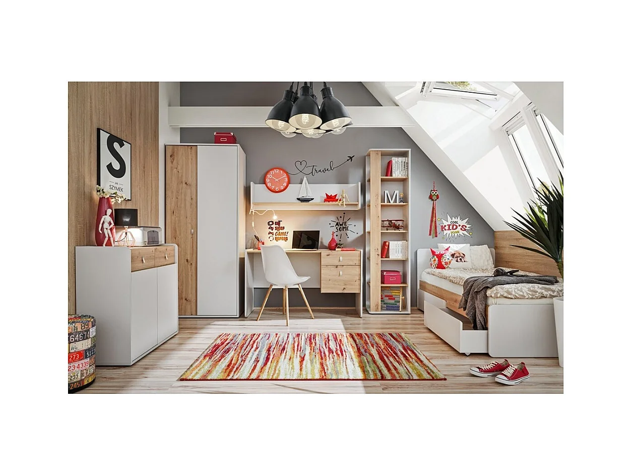 Kinderkamerkast design in eiken en grijs met 2 openslaande deuren, collectie BIBOU.