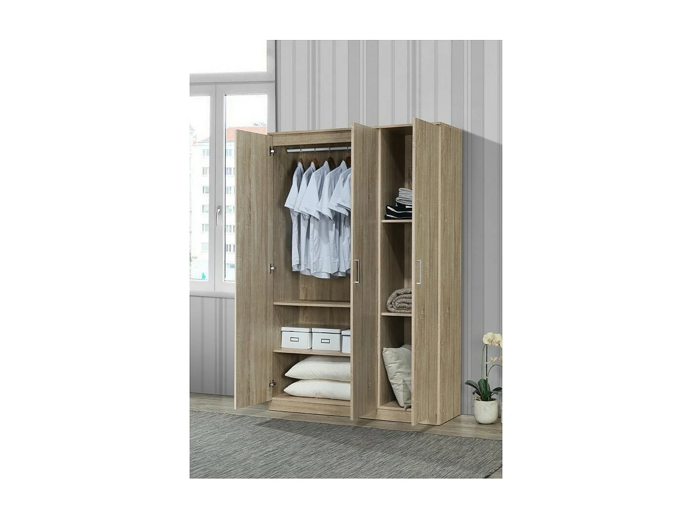 Kast BERGAMA met 3 deuren, Sonoma eiken, grijze handgrepen, eigentijdse en praktische stijl